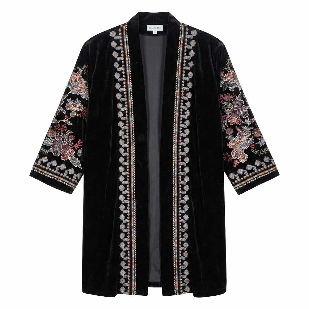 New‎ Time for Me Black Velvet Embroidered Kimono Jacket Women 1X Bohemian Floral